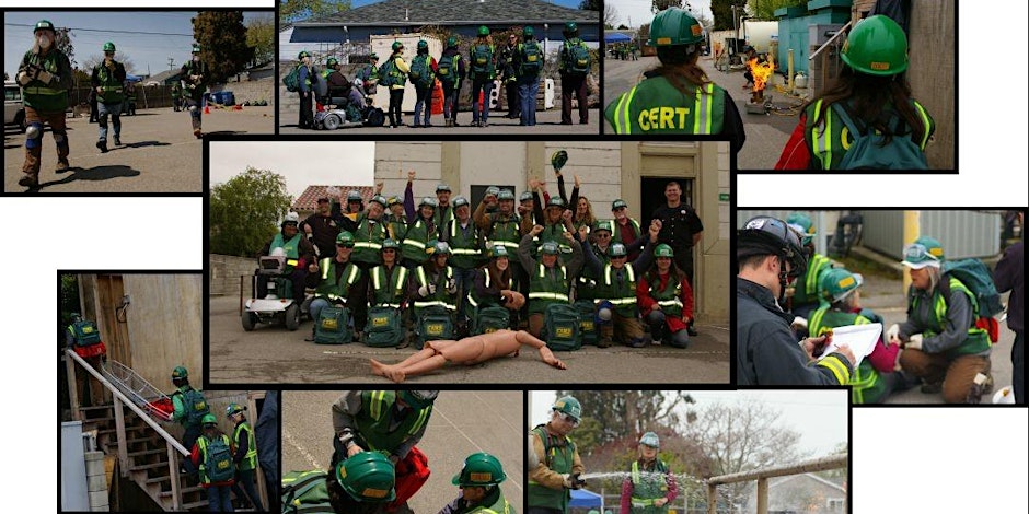 picture collage of CERT participants wearing green vests and green hard hats practicing various emergency response activities